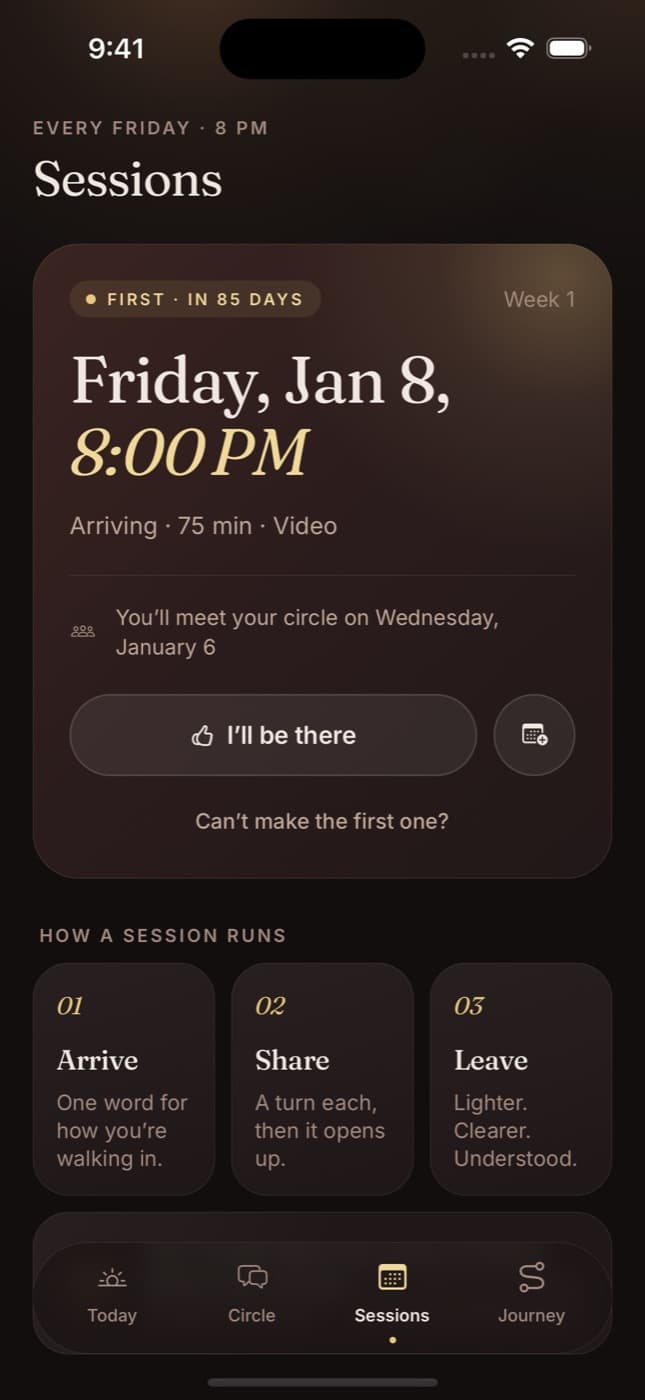 The Sessions screen: Friday, January 8 at 8 PM, and how a session runs: arrive, share, leave
