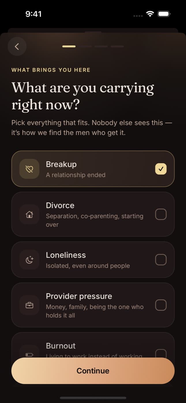 What are you carrying right now? Breakup is ticked, with Divorce, Loneliness, Provider pressure and Burnout below